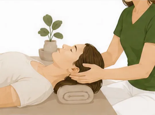 Illustration, die eine Craniosacrale Therapie zeigt.